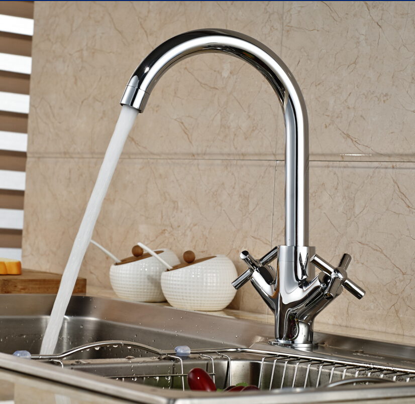 contemporary kitchen sink mixer tap swivel dual handle chrome brass faucet