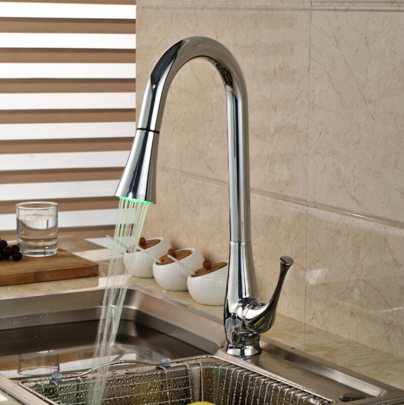 deck mount led light rotation kitchen sink mixer water faucet single lever brass pull out kitchen faucet chrome finish