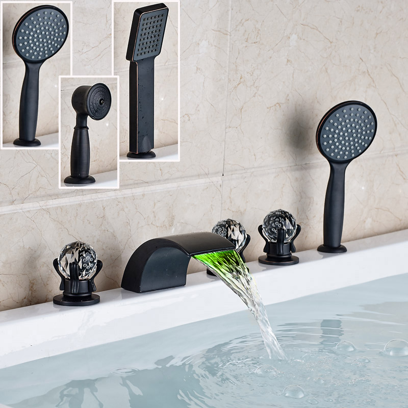 deck mounted led light waterfall spout bathtub faucet set bathroom side mounted bath tub filler with handheld shower