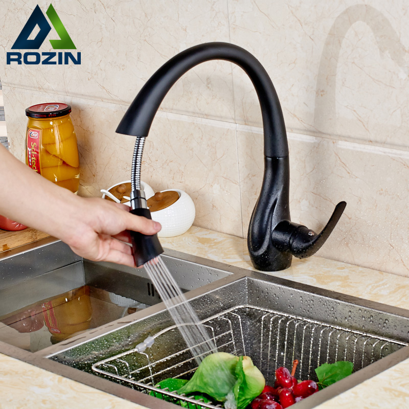 deck mounted pull out spout bathroom kitchen faucet single handle one hole black stream sprayer kitchen mixer taps