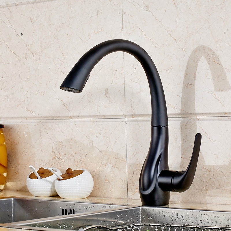 deck mounted pull out spout bathroom kitchen faucet single handle one hole black stream sprayer kitchen mixer taps