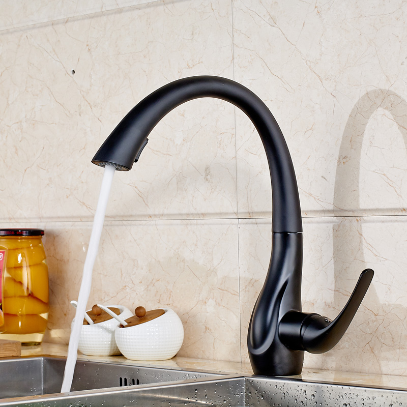 deck mounted pull out spout bathroom kitchen faucet single handle one hole black stream sprayer kitchen mixer taps