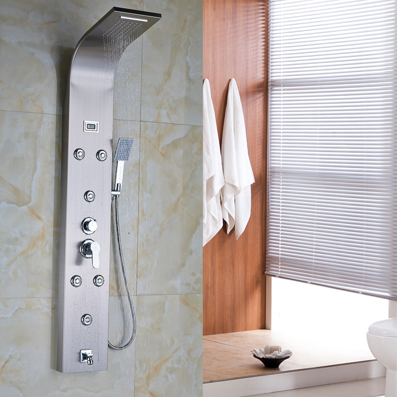 digital display single handle rain waterfall shower panel wall body massage system with handshower tub spout shower faucet