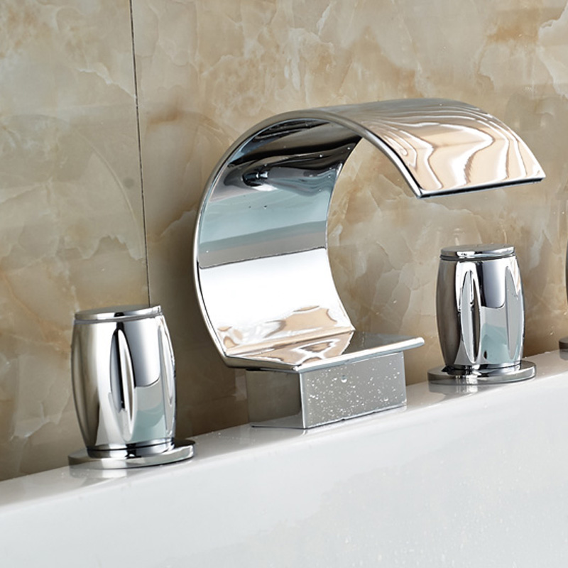 double handles brass waterfall spout and cold water bathroom basin faucet deck mounted chrome finished