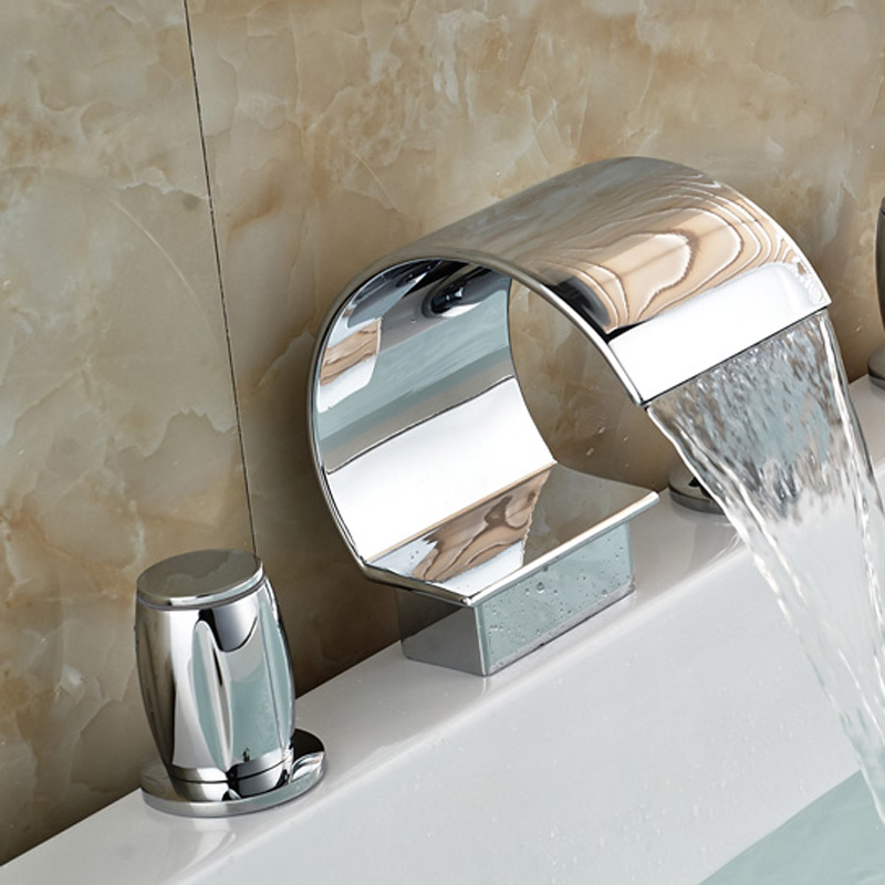 double handles brass waterfall spout and cold water bathroom basin faucet deck mounted chrome finished