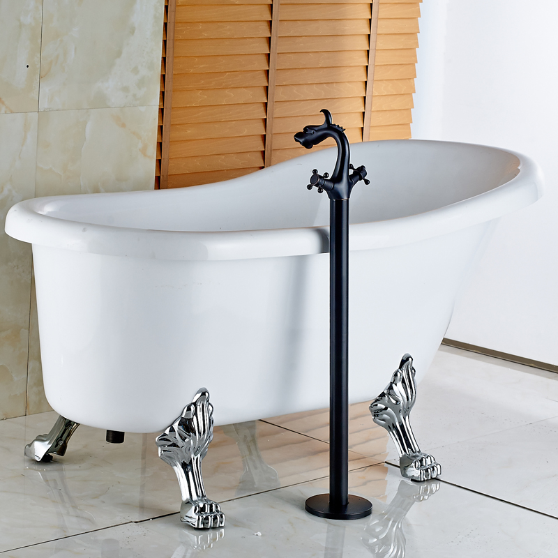 dragon shape standing dual handle bathtub sink faucet brass bathroom tub filler single pipe with and cold water