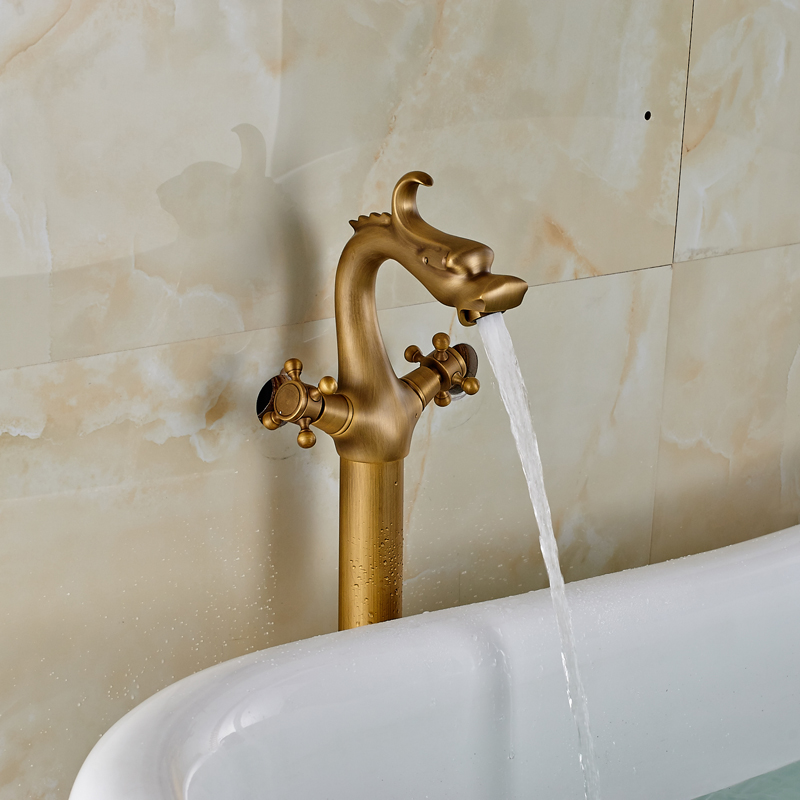 dragon shape standing dual handle bathtub sink faucet brass bathroom tub filler single pipe with and cold water