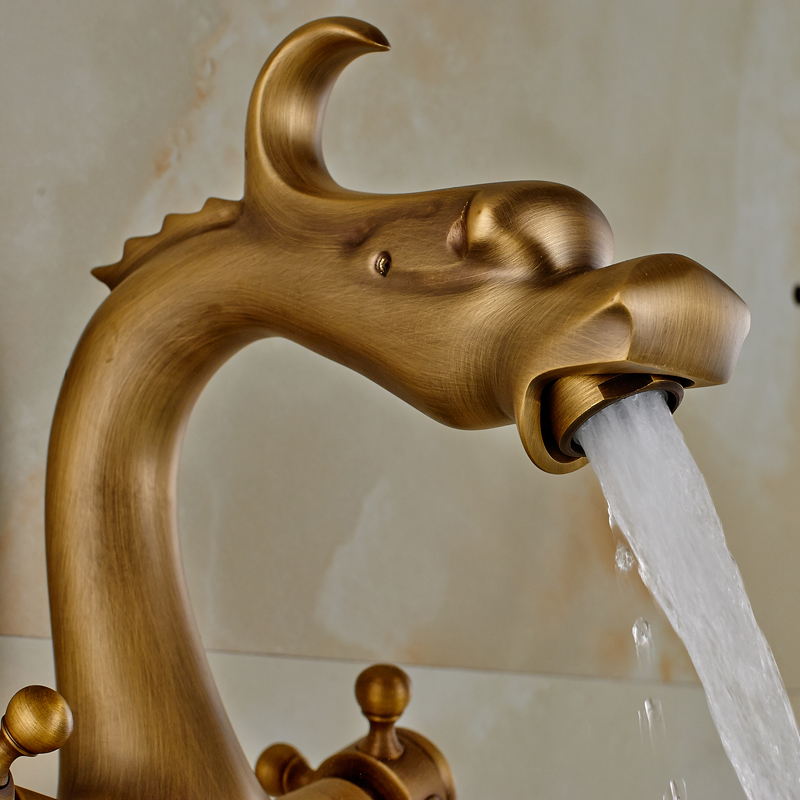 dragon shape standing dual handle bathtub sink faucet brass bathroom tub filler single pipe with and cold water