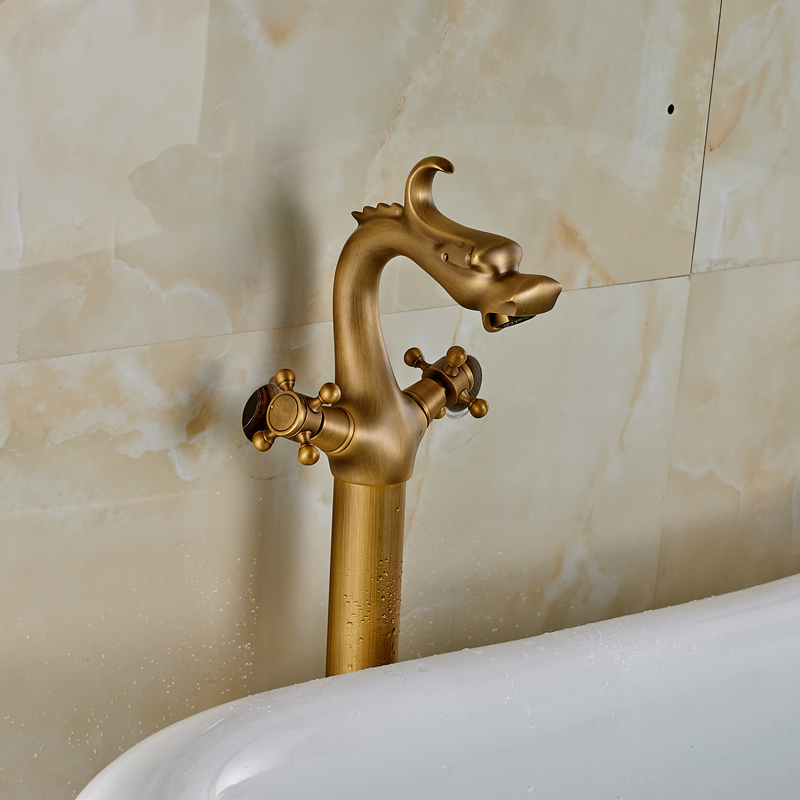 dragon shape standing dual handle bathtub sink faucet brass bathroom tub filler single pipe with and cold water