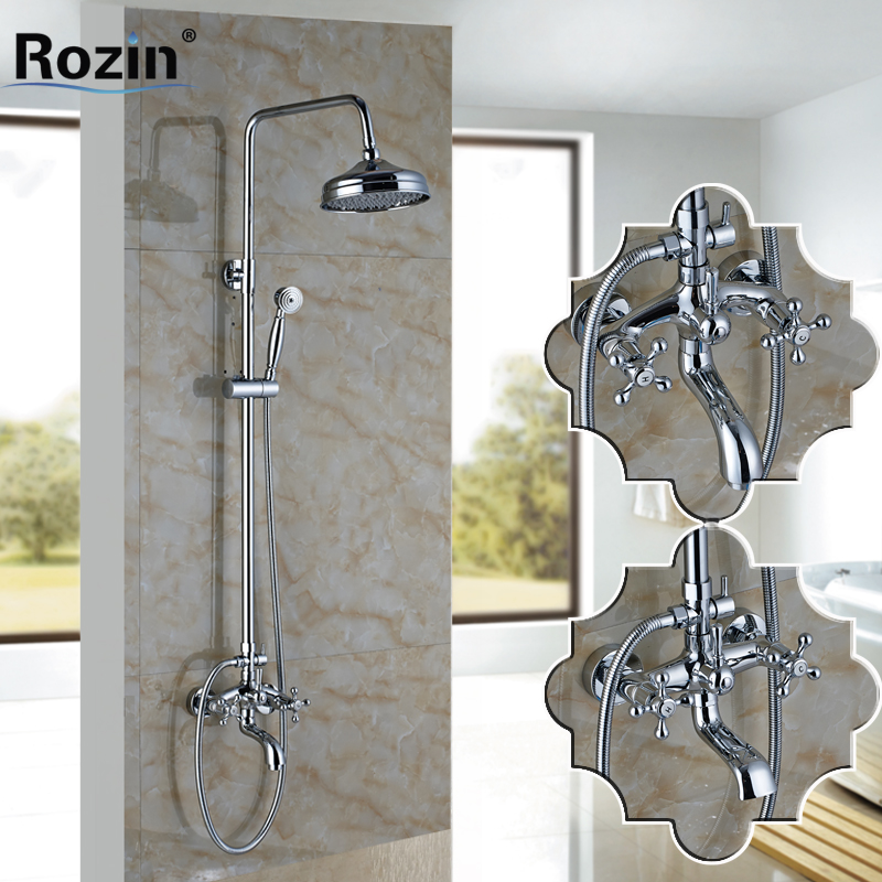 dual cross handles brass chrome 8" rainfall shower mixer faucet with sliding bar bath shower and cold water taps