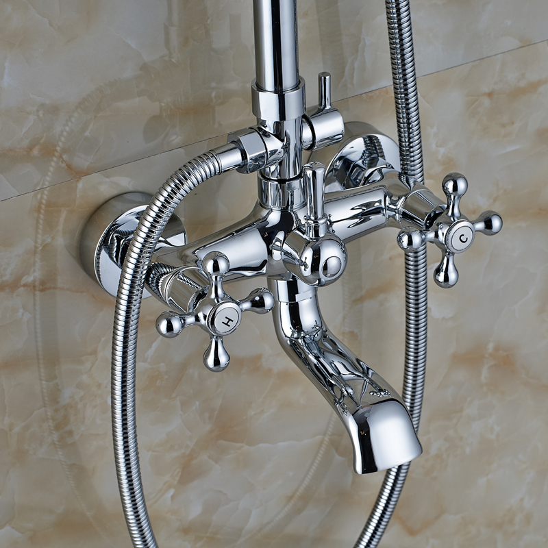 dual cross handles brass chrome 8" rainfall shower mixer faucet with sliding bar bath shower and cold water taps