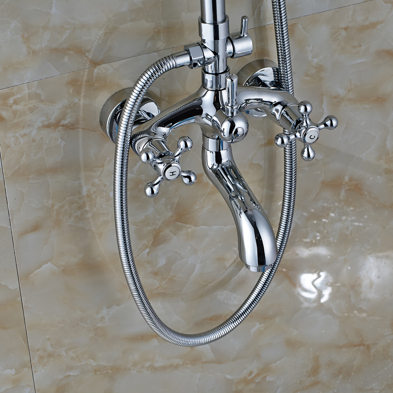 dual cross handles brass chrome 8" rainfall shower mixer faucet with sliding bar bath shower and cold water taps