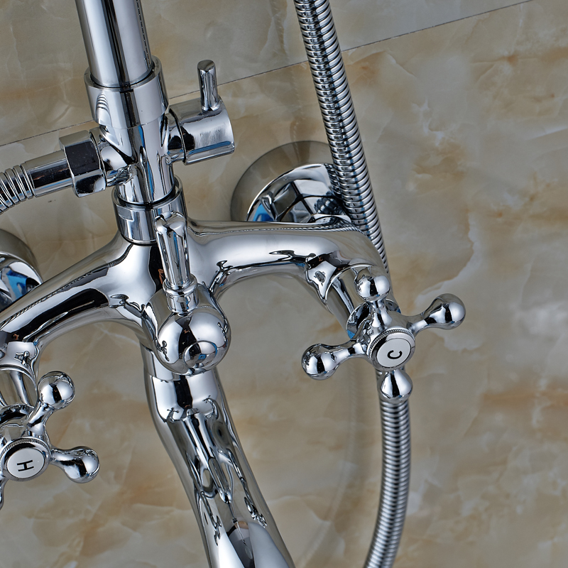 dual cross handles brass chrome 8" rainfall shower mixer faucet with sliding bar bath shower and cold water taps