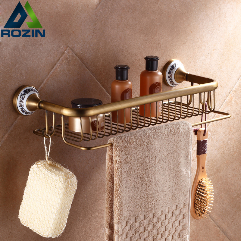 fashion antique brass bathroom shelf wall mounted corner shelf basket towel bar with hooks