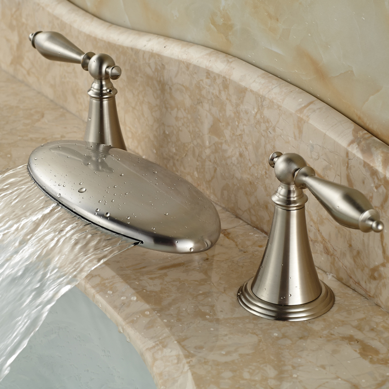 fashionable type three holes two handles basin sink faucet with and cold water taps brushed