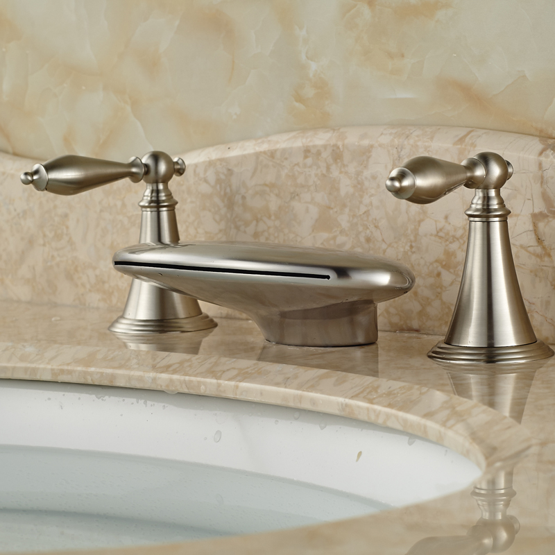 fashionable type three holes two handles basin sink faucet with and cold water taps brushed