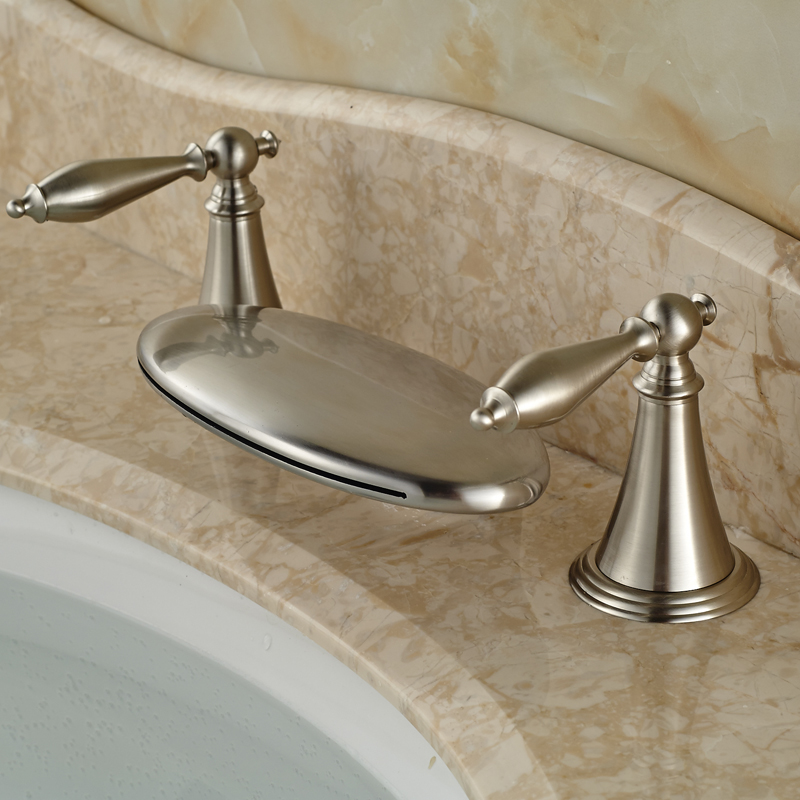 fashionable type three holes two handles basin sink faucet with and cold water taps brushed