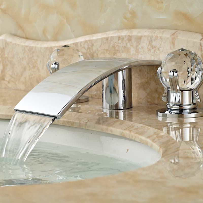 good quality curve shape basin mixer taps waterfall brass three holes and cold water faucet chrome finish