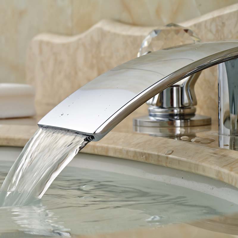 good quality curve shape basin mixer taps waterfall brass three holes and cold water faucet chrome finish