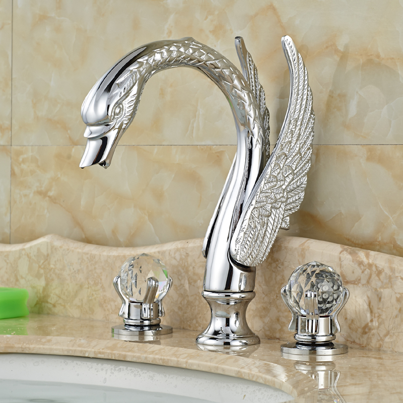 high-end deck mount swan style dual handles bathroom basin sink faucet chrome finish