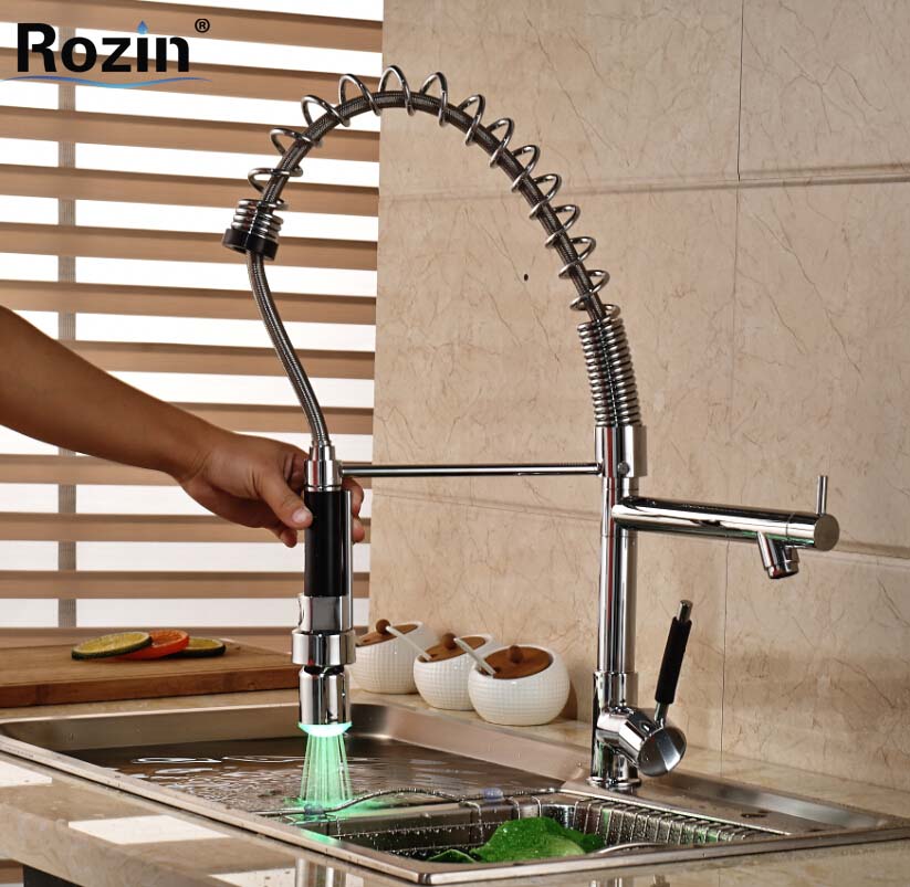 home decor one handle spring kitchen faucet hightening led light swivel dual spout kitchen mixer taps