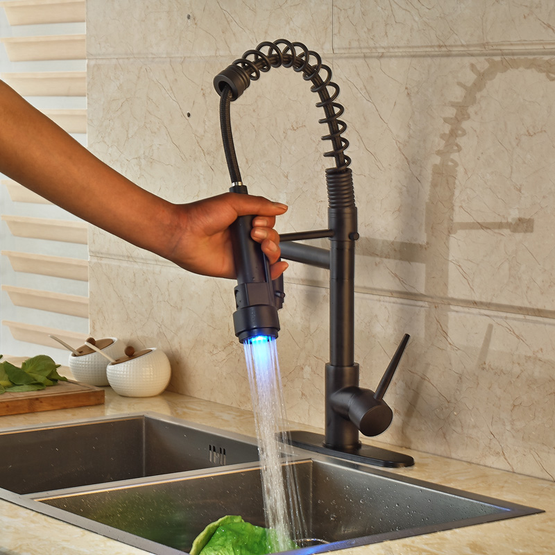 led light kitchen faucet swivel spout spring vessel sink mixer tap single handle oil rubbed bronze finish