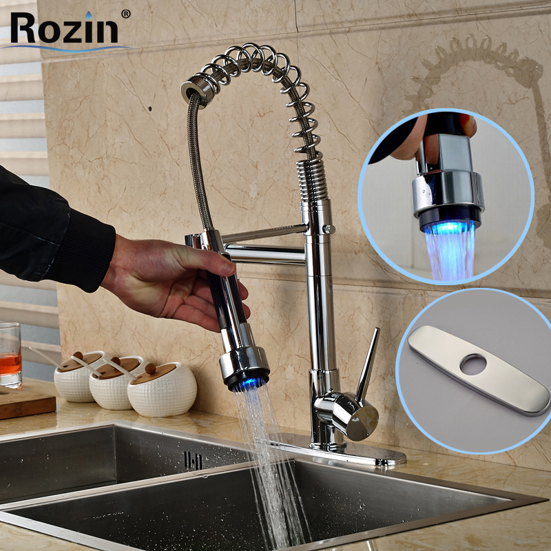 led light two rotating spout kitchen faucet spring mixer tap and cold water deck mounted single handle