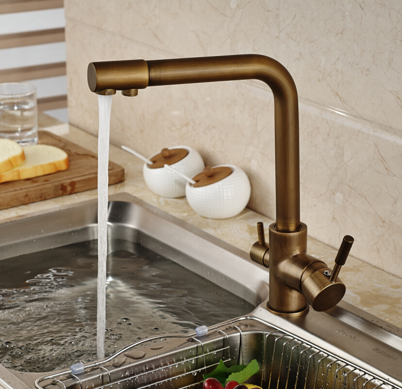 luxury antique brass kitchen faucet dual handles vessel mixer tap pure water faucet