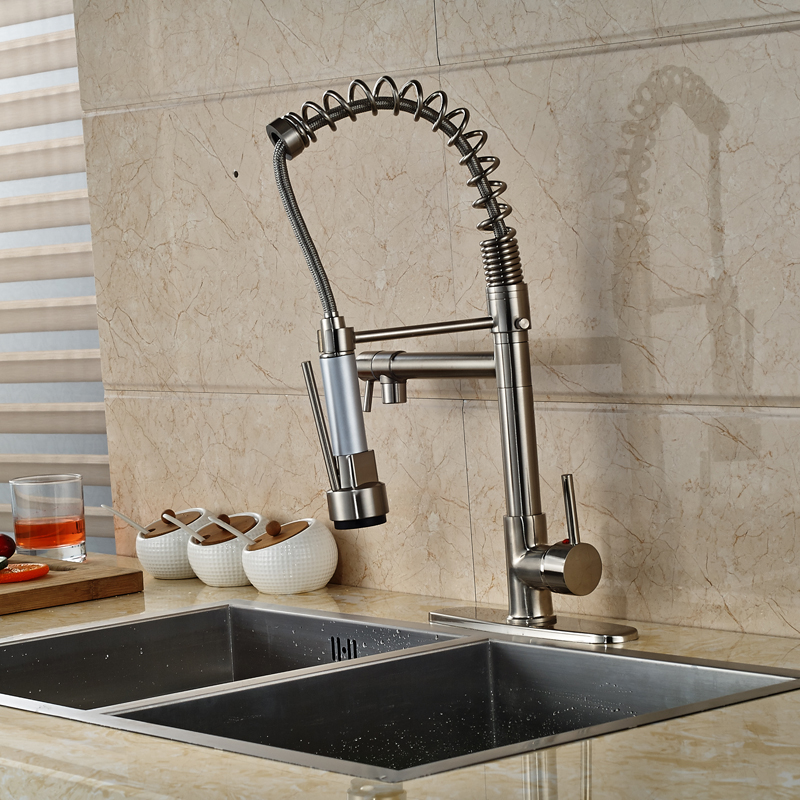 luxury brushed nickel spring kitchen faucet led swivel spout mixer tap deck mount pull down style