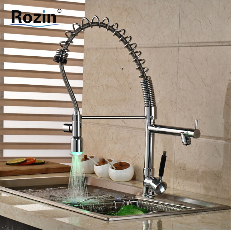 luxury chrome pre-rinse spring pull down kitchen sink faucet deck mount dual swivel spout cold water hose