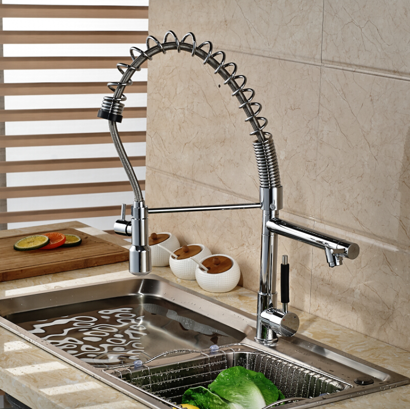 luxury chrome pre-rinse spring pull down kitchen sink faucet deck mount dual swivel spout cold water hose