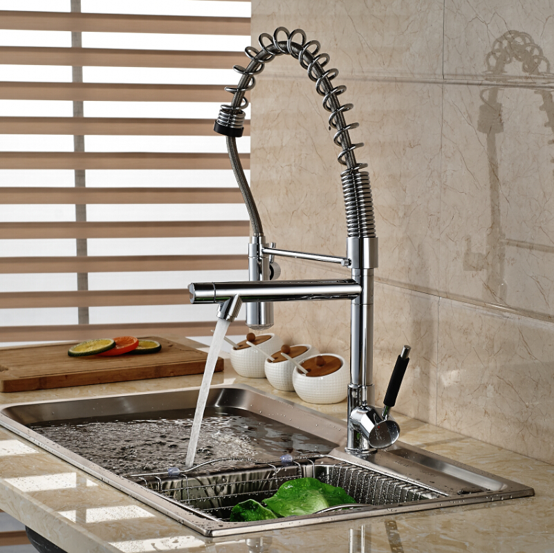 luxury chrome pre-rinse spring pull down kitchen sink faucet deck mount dual swivel spout cold water hose