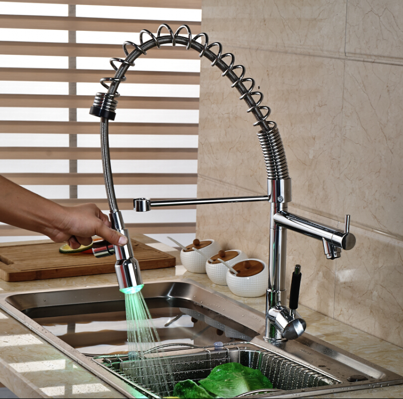 luxury chrome pre-rinse spring pull down kitchen sink faucet deck mount dual swivel spout cold water hose