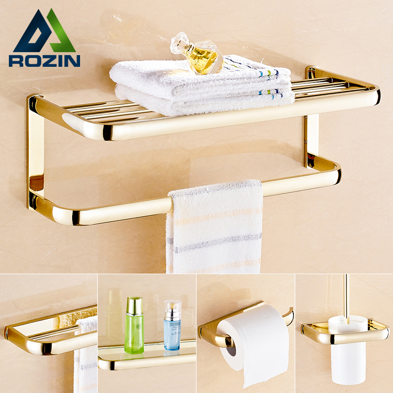 luxury golden bathroom towel bar bath shelfs wall mounted brass paper holder toilet brush rack bath hardware sets