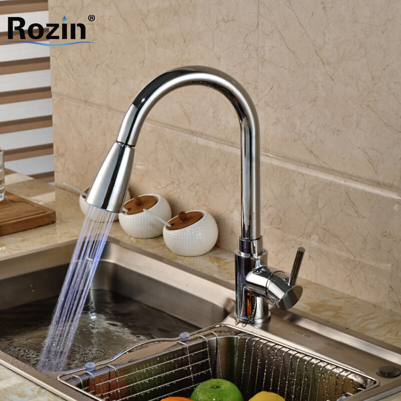 luxury single lever brass kitchen mixer faucet with led light deck mount pull out rotation spout cold water taps