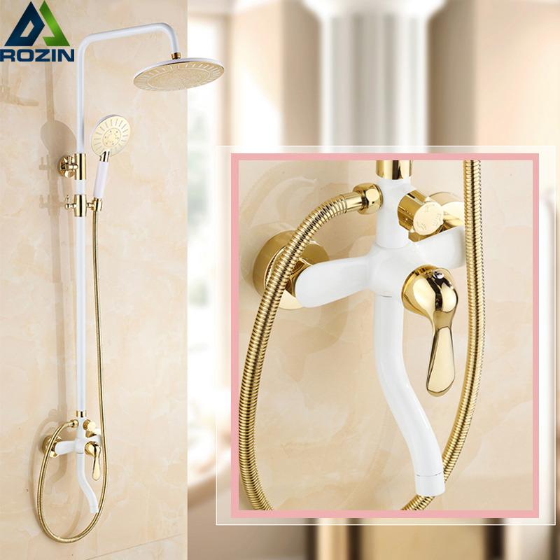 modern golden white rainfall 8" shower faucet set single handle tub shower mixers with handheld shower