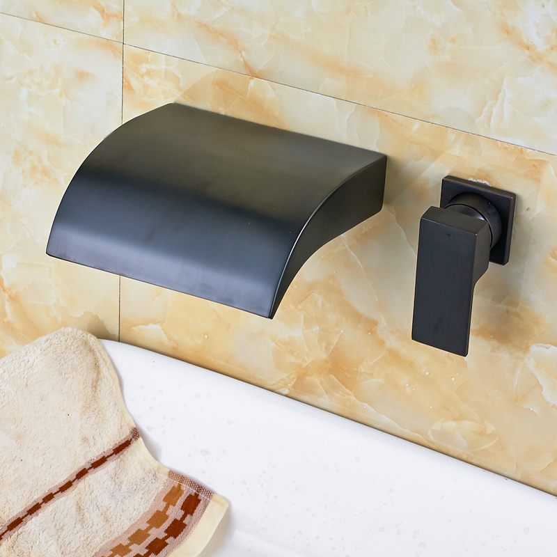 modern oil rubbed bronze back waterfall basin faucet one handle wall mount dual hole curve spout mixer taps