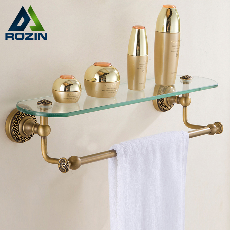 new antique brass bathroom single-tier bathroom glass storage rack wall mount bathroom shelf with towel bar