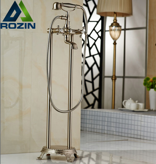 nickel brushed floor mount bathroom waterfall standing bath tub faucet set bathtub mixer faucet with handshower