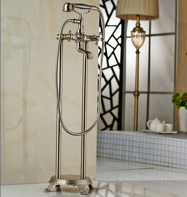 nickel brushed floor mount bathroom waterfall standing bath tub faucet set bathtub mixer faucet with handshower