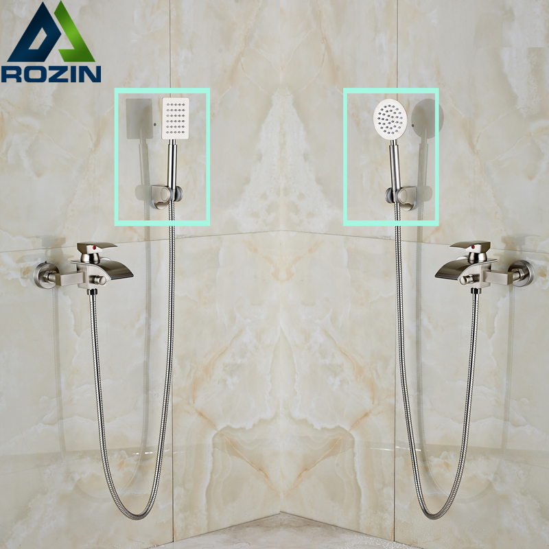 nickel brushed waterfall bath spout handheld shower faucet single handle with handshower holder + abs bracket