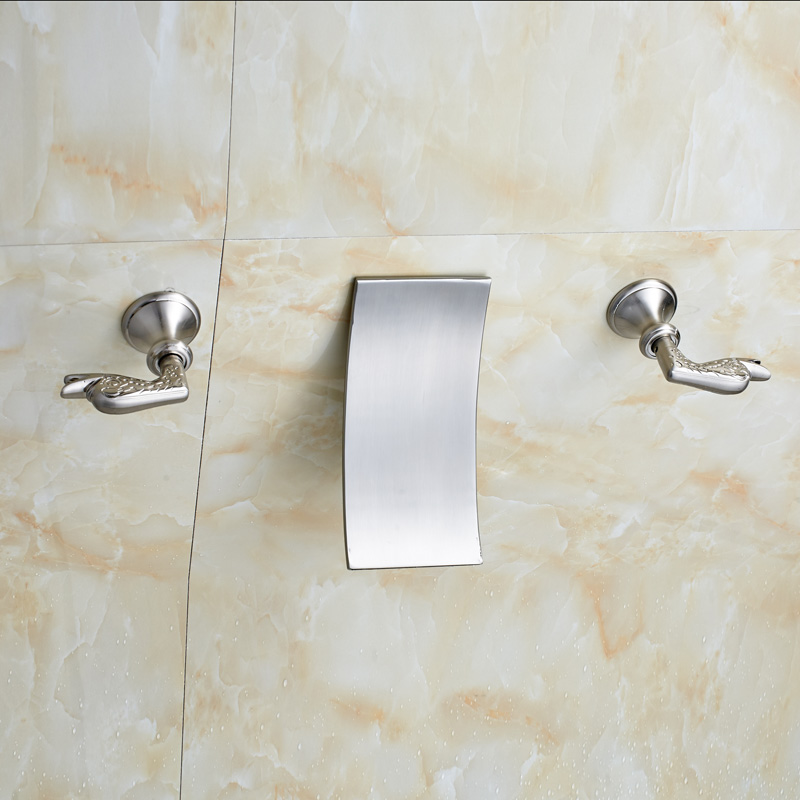 nickel brushed waterfall tub spout bathroom sink faucet wall mounted two handles wash basin mixer water taps