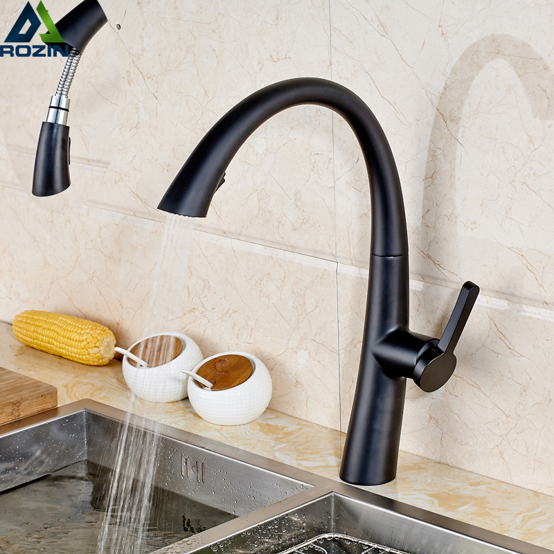 oil rubbed black single handle pull out/down kitchen faucet mixers deck mounted rotation with and cold water