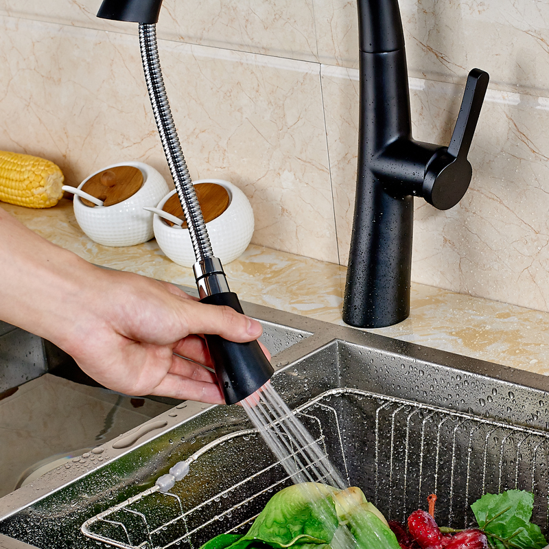 oil rubbed black single handle pull out/down kitchen faucet mixers deck mounted rotation with and cold water