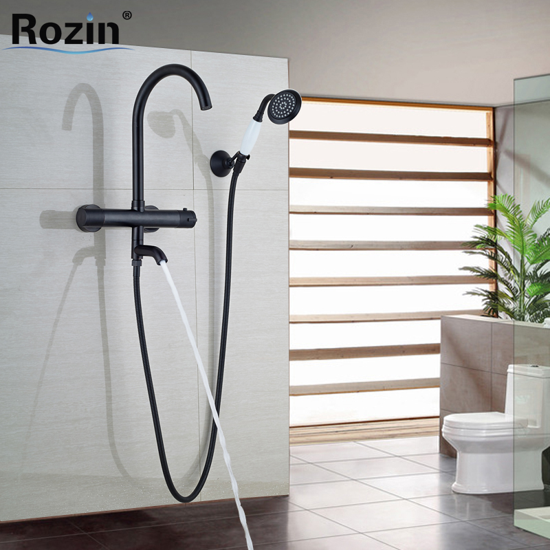 oil rubbed bronze bathroom thermostatic valve bath tub sink faucet rotation bathtub filler white handshower with holder