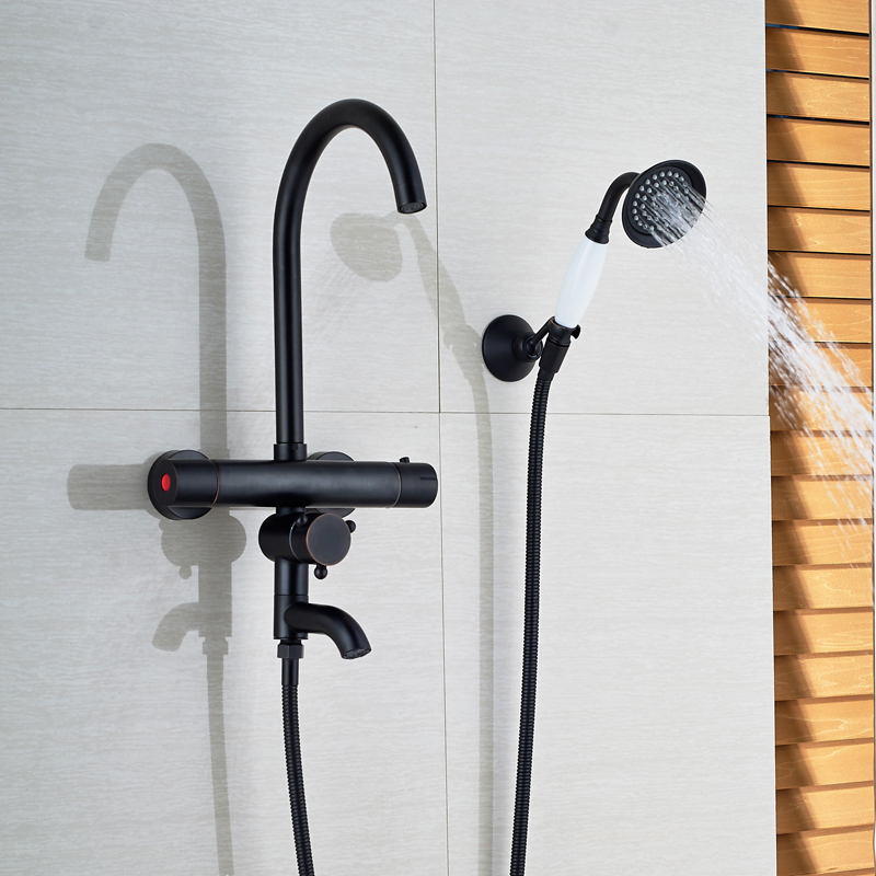 oil rubbed bronze bathroom thermostatic valve bath tub sink faucet rotation bathtub filler white handshower with holder