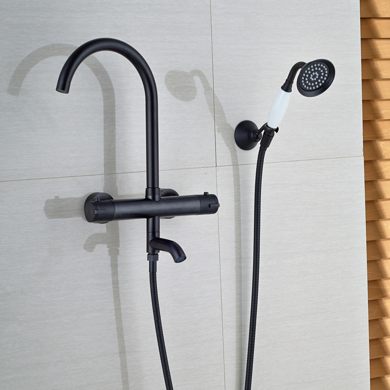 oil rubbed bronze bathroom thermostatic valve bath tub sink faucet rotation bathtub filler white handshower with holder