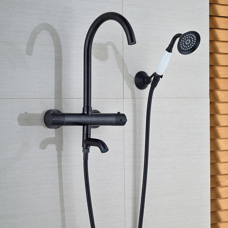 oil rubbed bronze bathroom thermostatic valve bath tub sink faucet rotation bathtub filler white handshower with holder