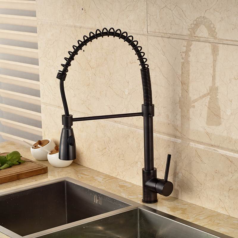 oil rubbed bronze kitchen sink faucet spring pull down mixer taps two functions sprayer nozzle