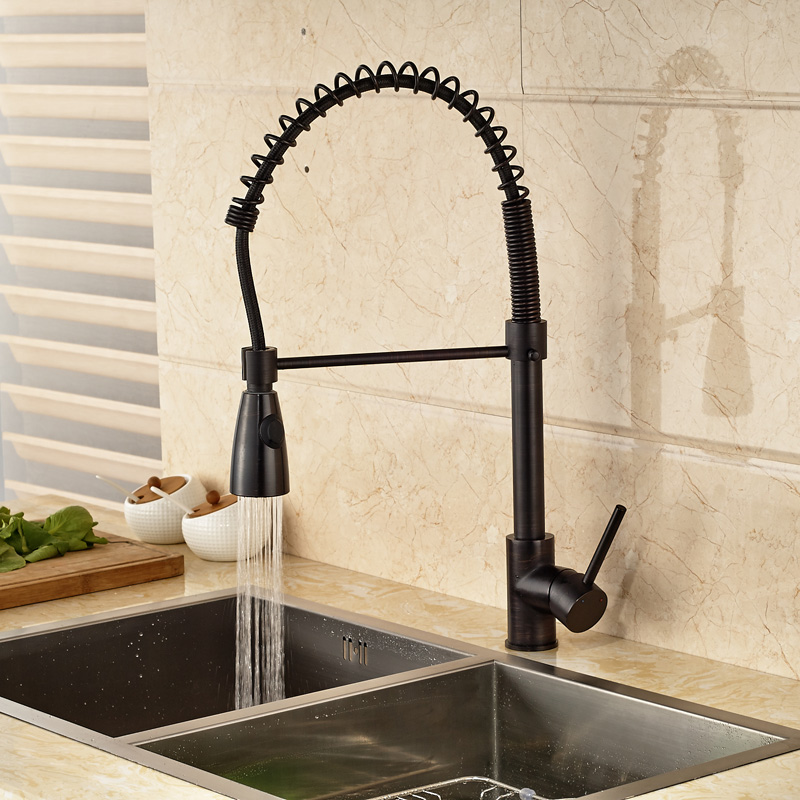 oil rubbed bronze kitchen sink faucet spring pull down mixer taps two functions sprayer nozzle